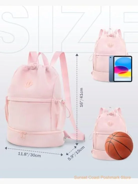 Drawstring Backpack Gym Bag with Shoe Compartment Wet Pocket - Picture 4 of 6